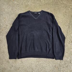 Vtg 90s VAN HEUSEN Plain Earthtone Minimal Lightweight V Neck Sweater Black L